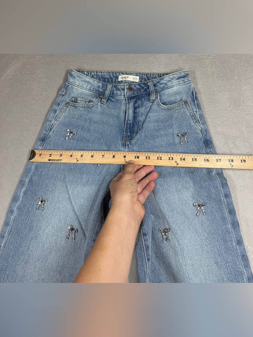 OAT Rhinestone Bows Coquette Wide Leg High Rise Cotton Blend Denim
blue Jeans 25 - Picture 7 of 17